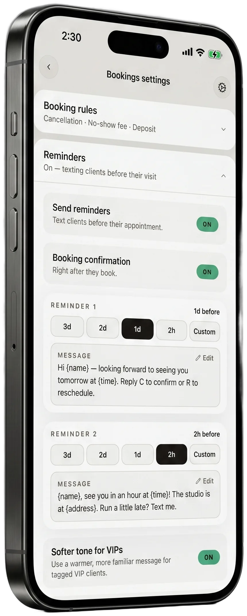 Marlo reminders settings