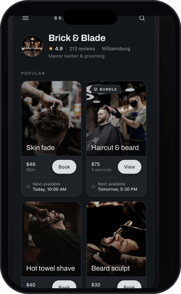 A public Marlo booking page for a barber shop